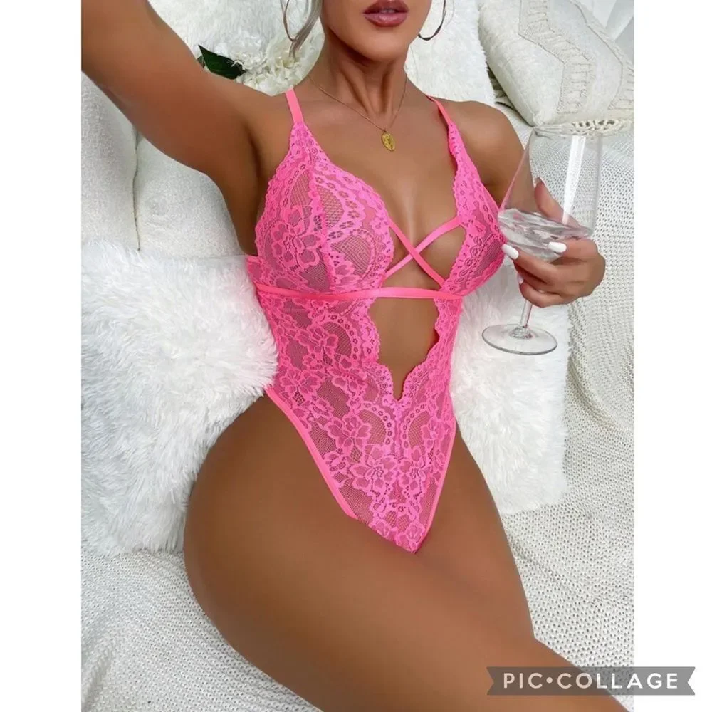 Barbiecore Hot Pink Floral Lace Cut Out Teddy Size Large